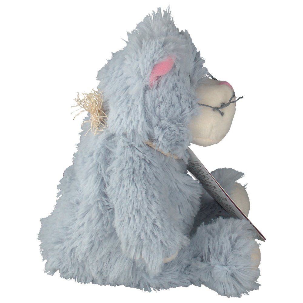 Gatto di peluche grigio, vista laterale. Orecchio rosa, etichetta con logo. Testo: "Warmies".