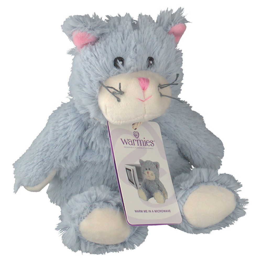 Gatto di peluche grigio con orecchie e naso rosa. Etichetta con logo e immagine del prodotto. Testo: "Warmies".