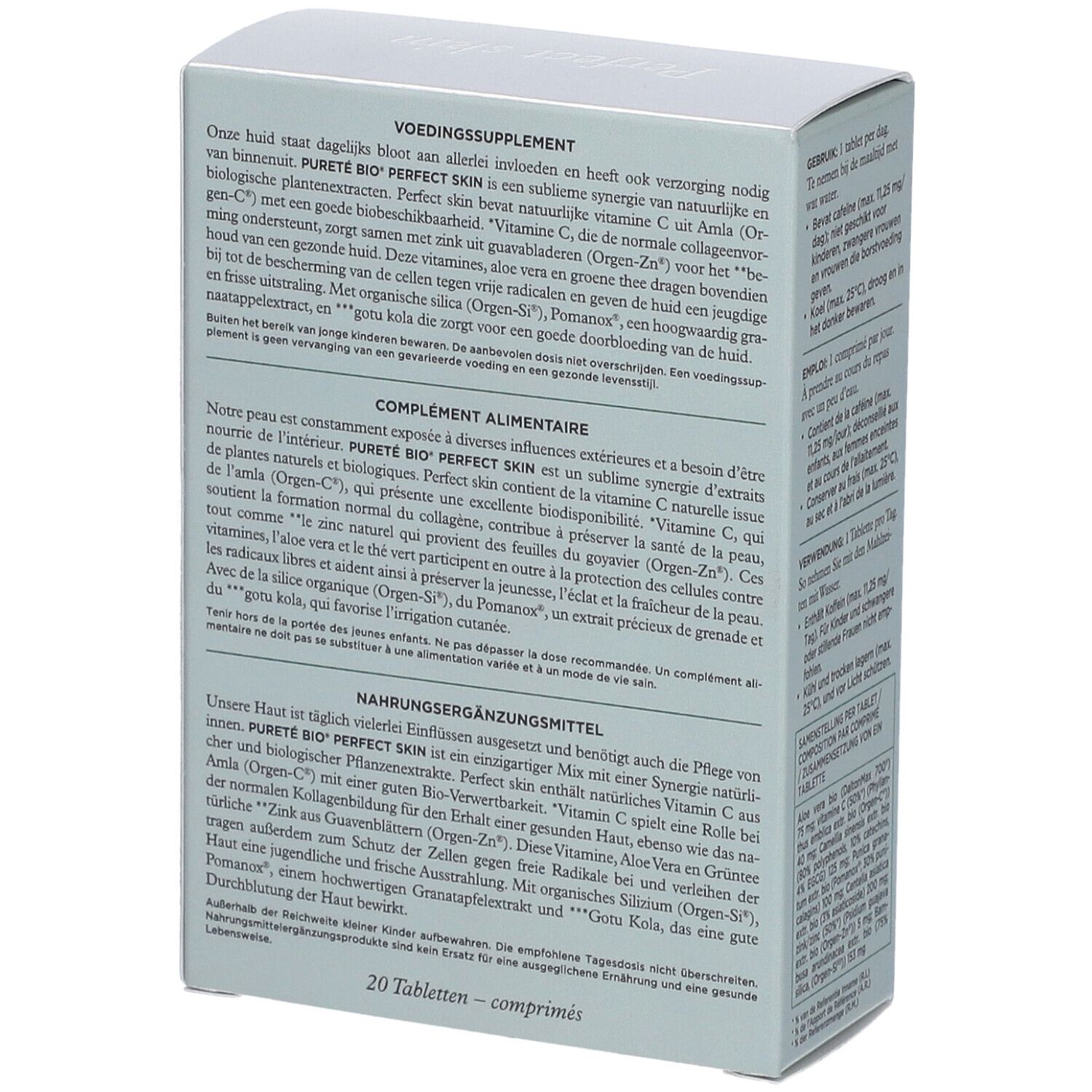 Retro della confezione Pureté Bio Perfect Skin. Testo multilingue. 20 compresse.