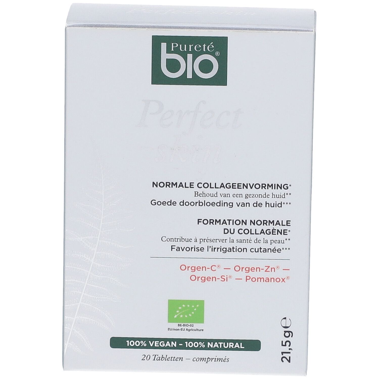 Scatola Pureté Bio Perfect Skin. Fronte con nome e logo. 20 compresse.