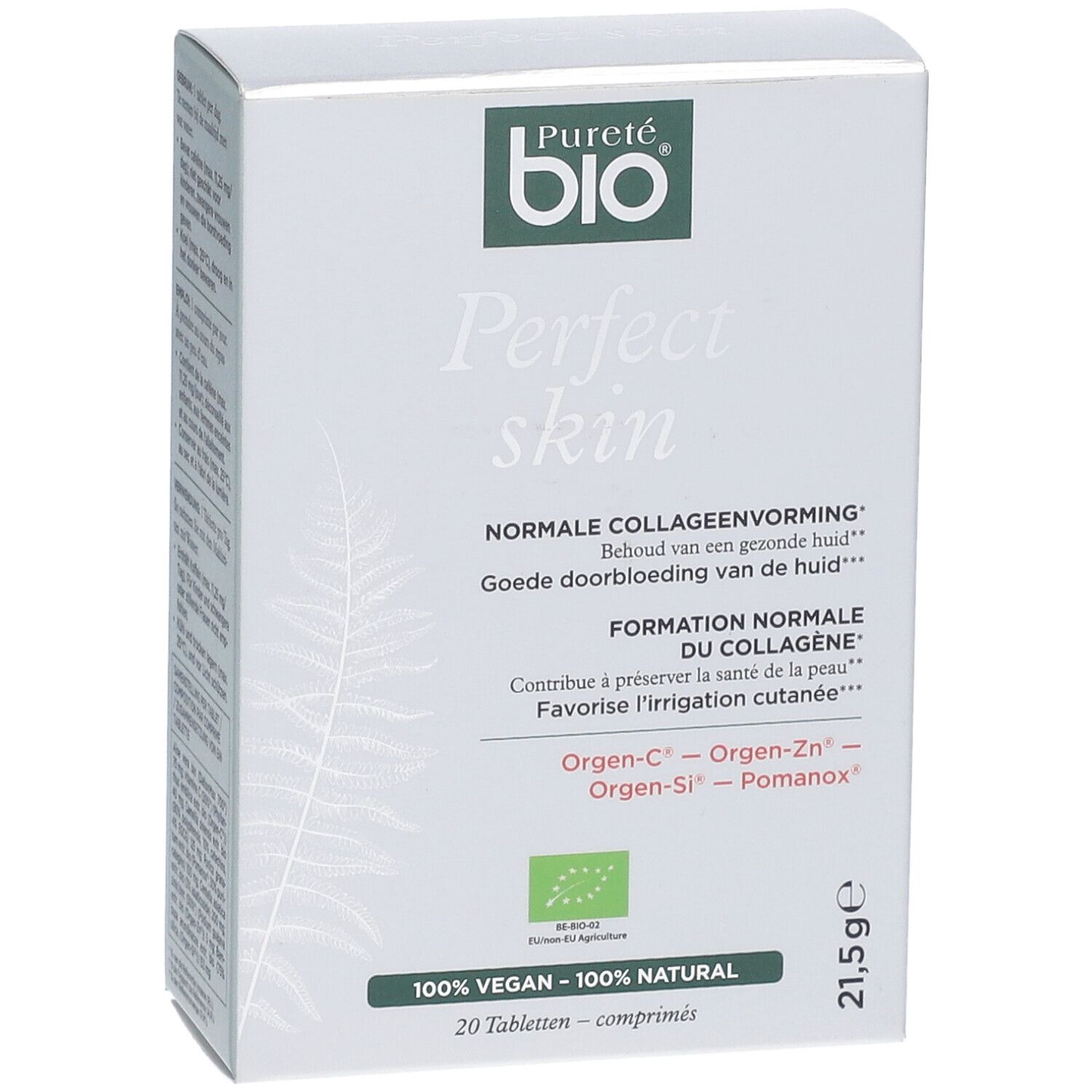 Scatola Pureté Bio Perfect Skin. Fronte con nome e logo. 20 compresse.