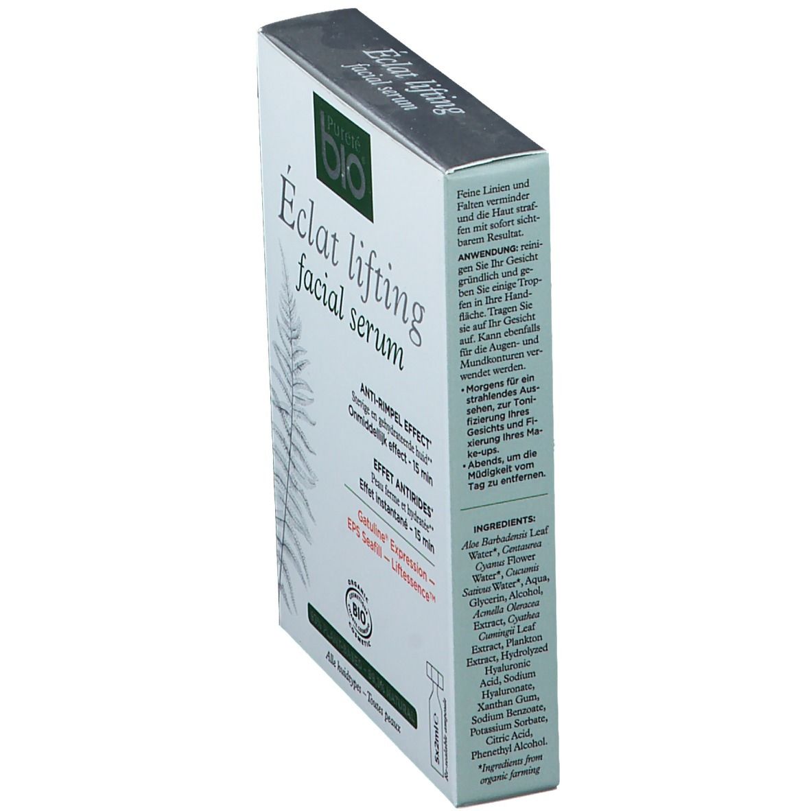 Confezione di siero viso angolata. Nome e logo visibili. Ingredienti e istruzioni per l'uso stampati.