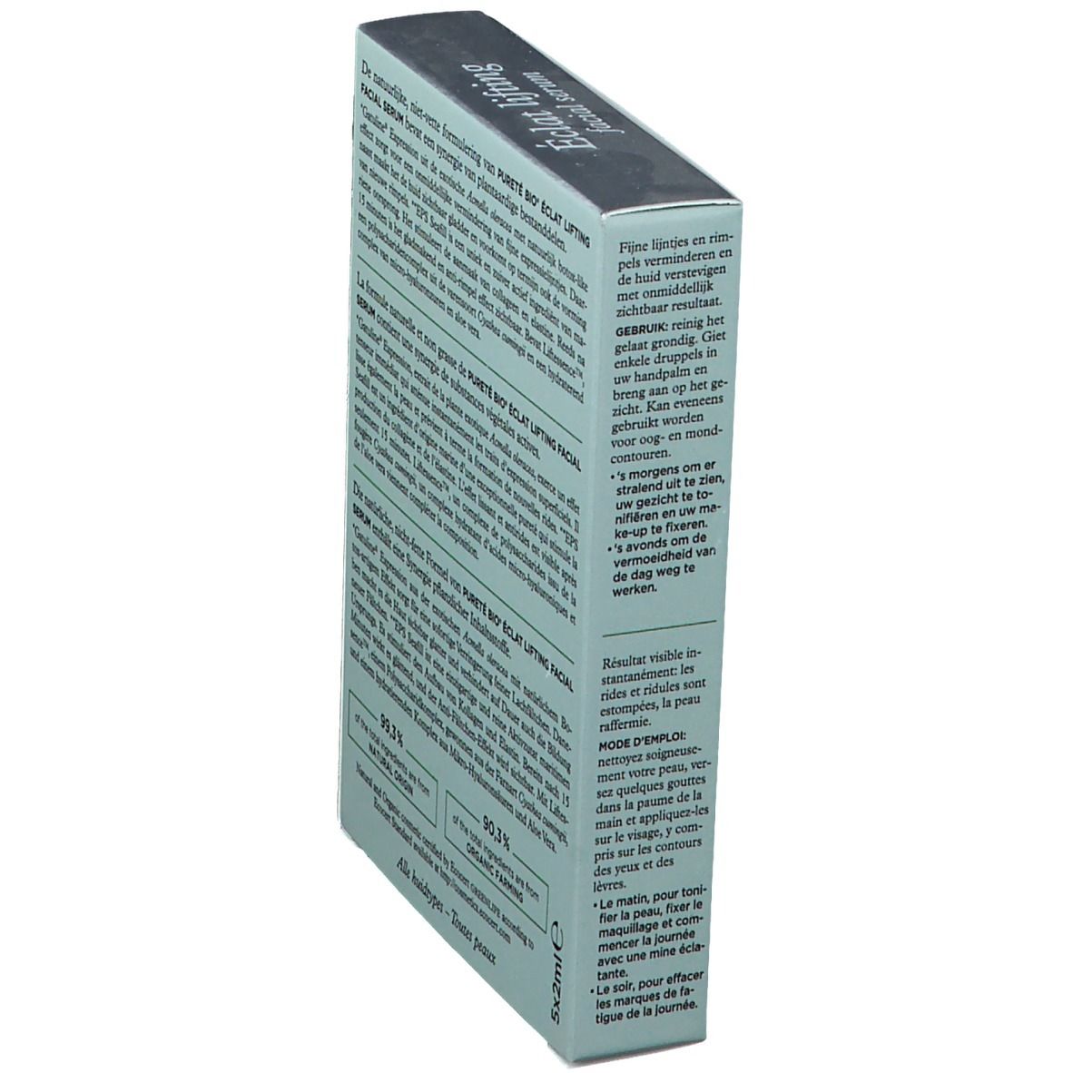 Confezione angolata. Nome del prodotto e informazioni stampate. Certificazione bio.