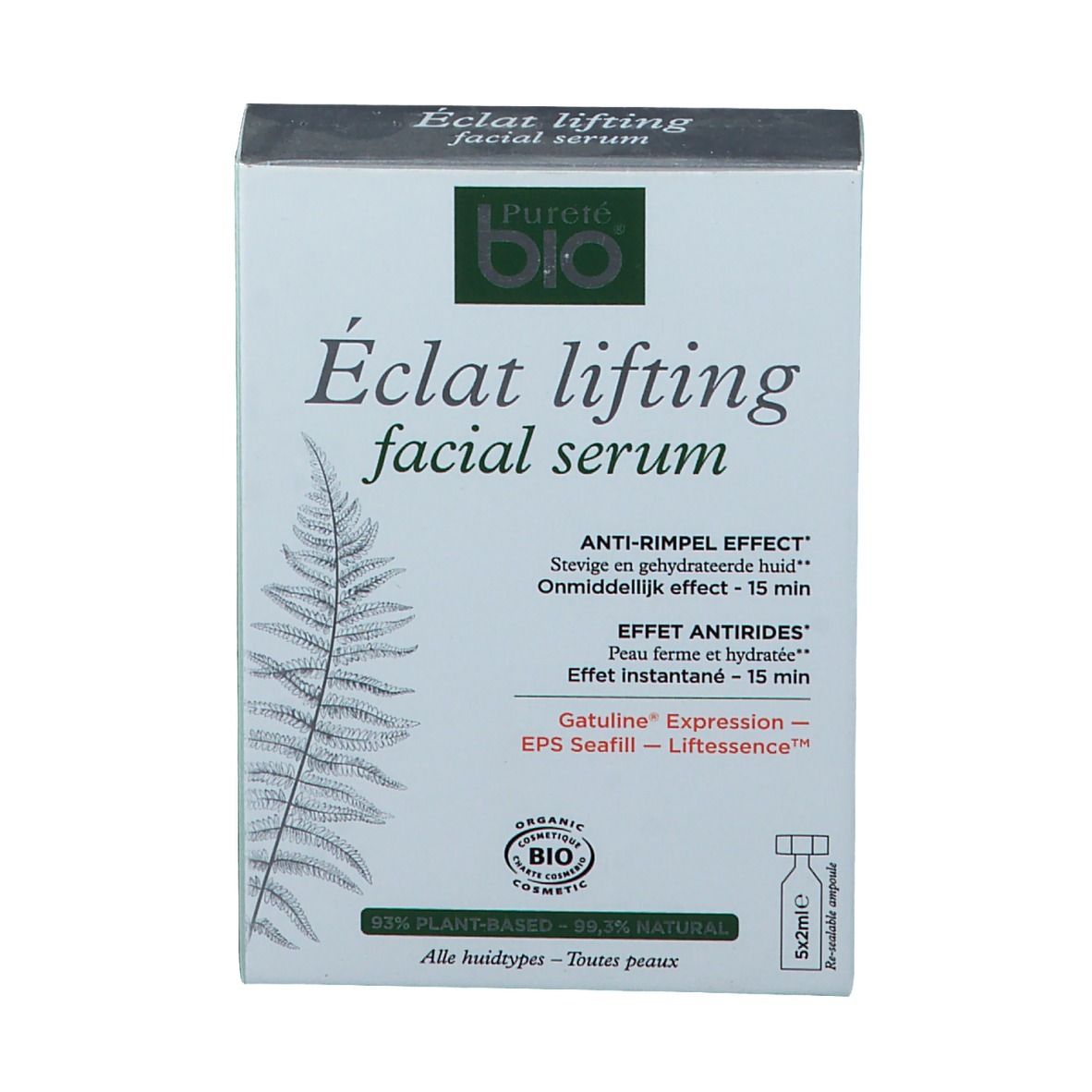 Confezione di siero viso. Logo e nome del prodotto visibili. Certificazione bio. Effetti e ingredienti.