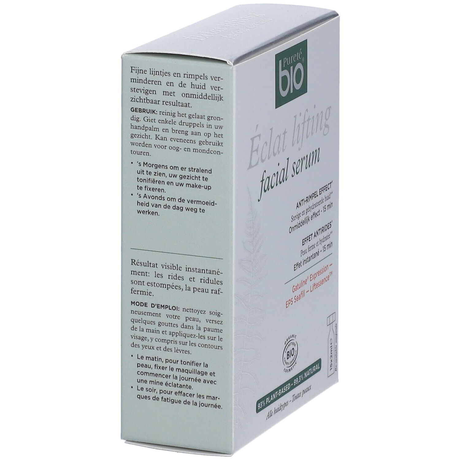 Scatola di siero. Scritto: Pureté bio, Eclat lifting facial serum. Istruzioni per l'uso. Fiale 15x2ml.