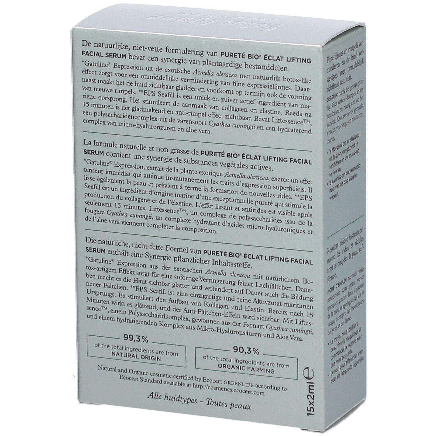 Scatola di siero. Scritto: Pureté bio, Eclat lifting facial serum. Ingredienti. Fiale 15x2ml.