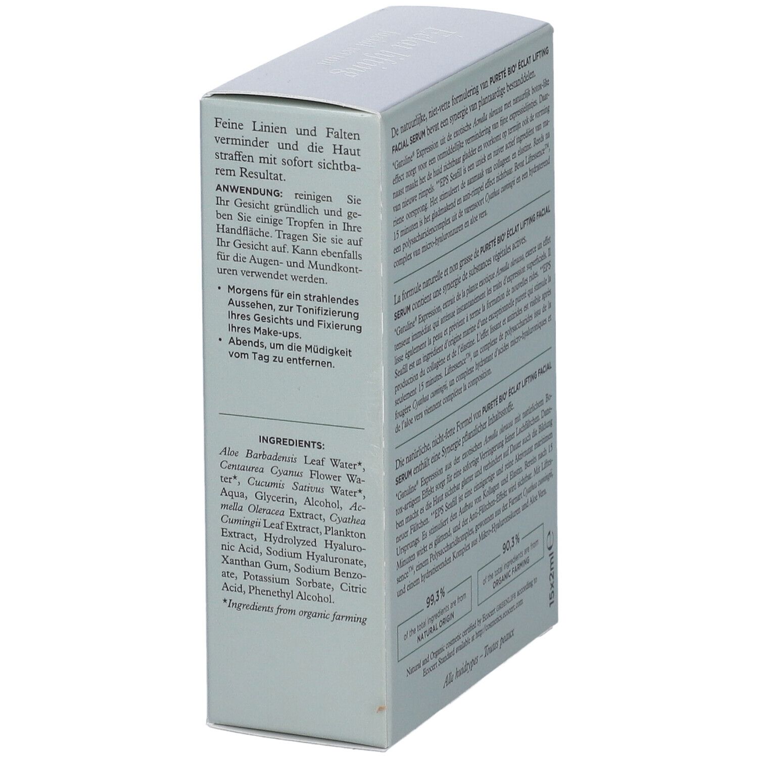 Scatola di siero. Scritto: Pureté bio, Eclat lifting facial serum. Ingredienti. Fiale 15x2ml.