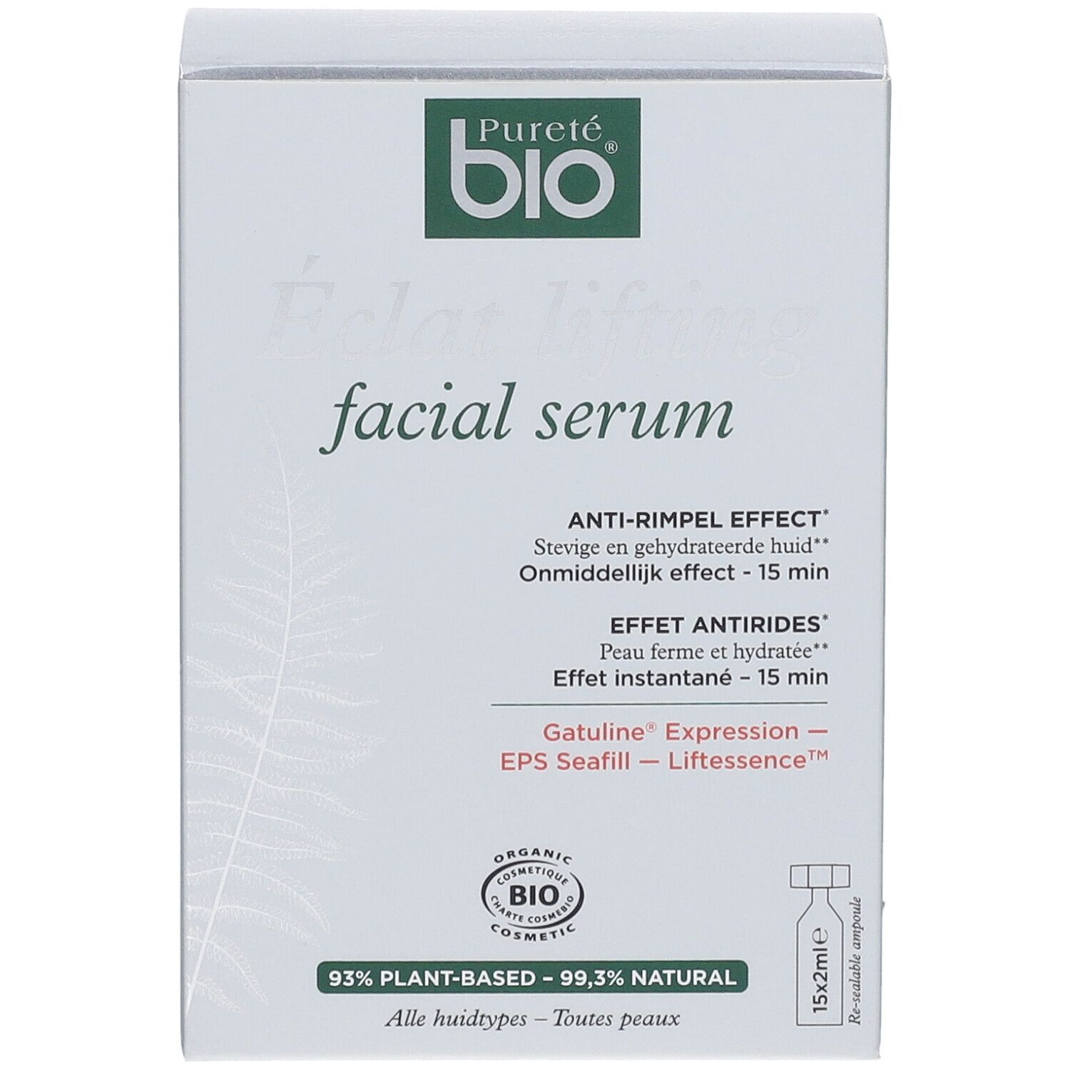 Scatola di siero. Scritto: Pureté bio, Eclat lifting facial serum. Effetto antirughe. Fiale 15x2ml.