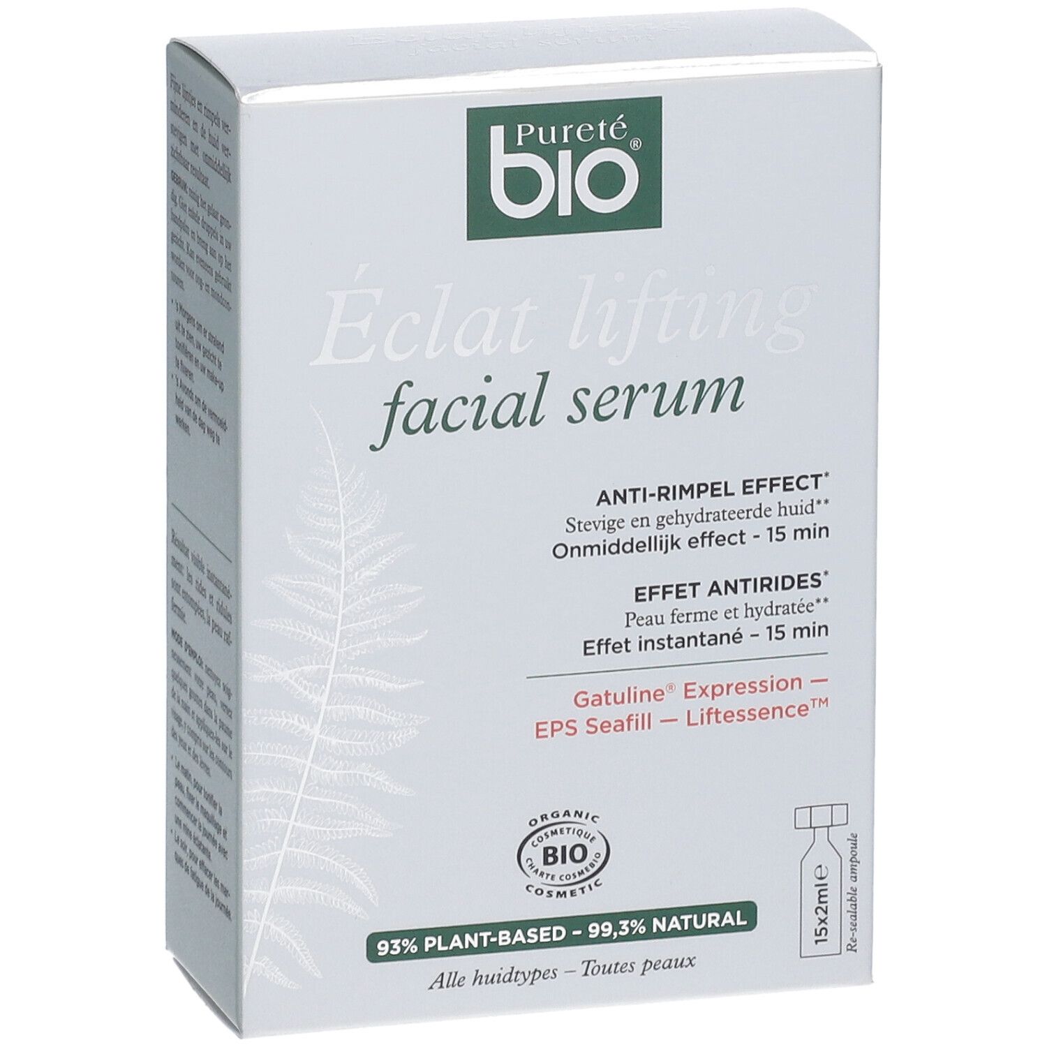 Scatola di siero. Scritto: Pureté bio, Eclat lifting facial serum. Effetto antirughe. Fiale 15x2ml.