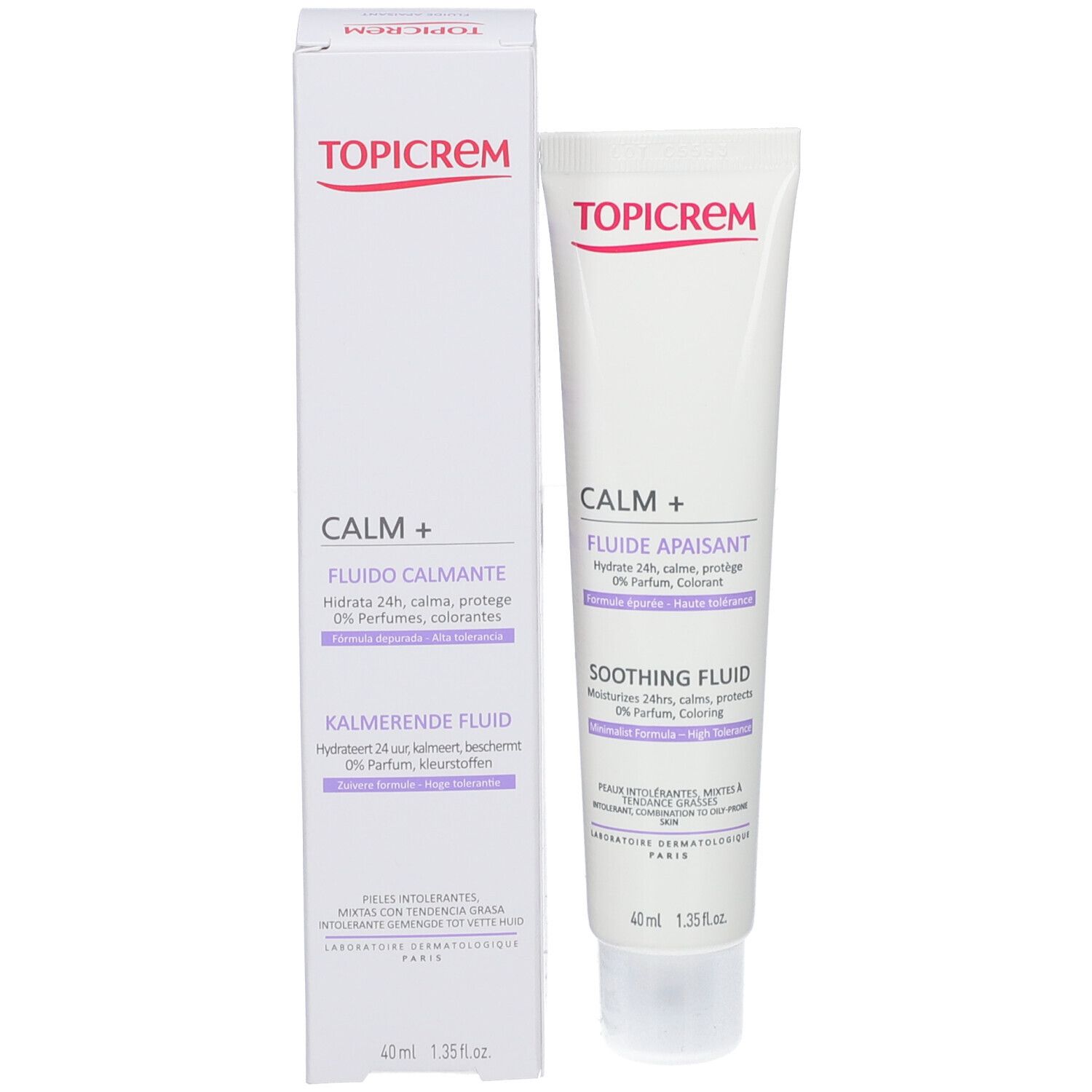 Confezione del prodotto con tubo e scatola. TOPICREM CALM+ su entrambi. Scatola con testo in tedesco e francese.