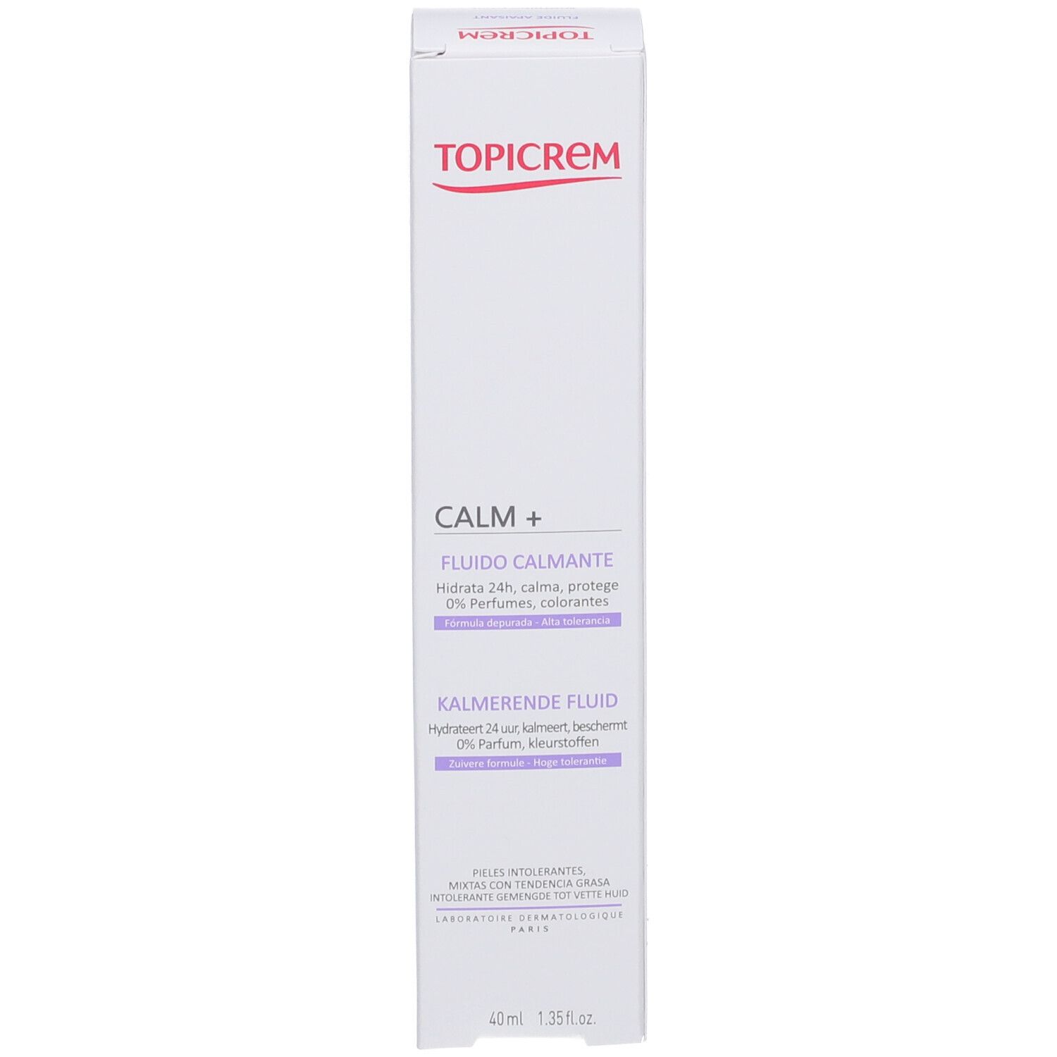 Confezione del prodotto con scatola. TOPICREM CALM+ e testo in tedesco e francese. 40 ml.