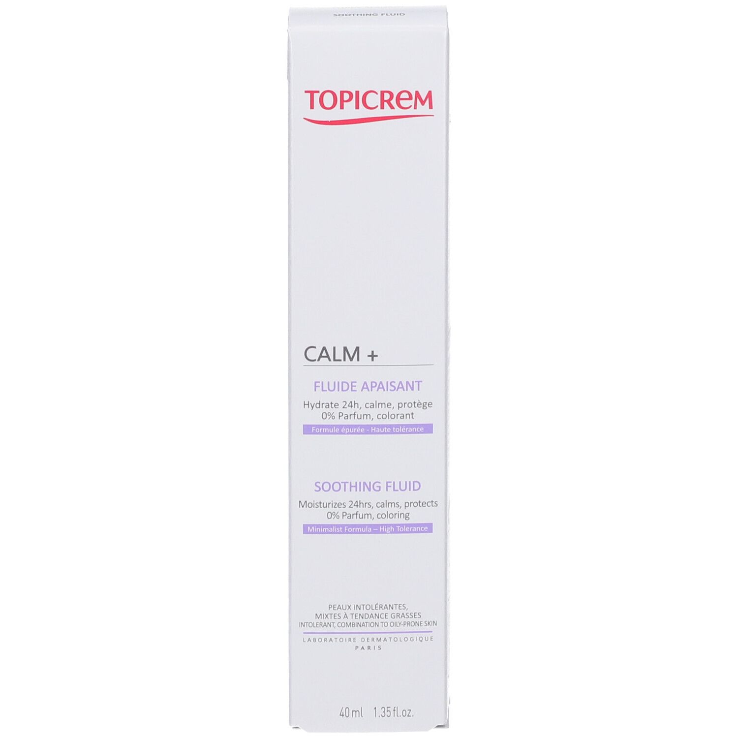 Confezione del prodotto con scatola. TOPICREM CALM+ e testo in inglese e tedesco. 40 ml.