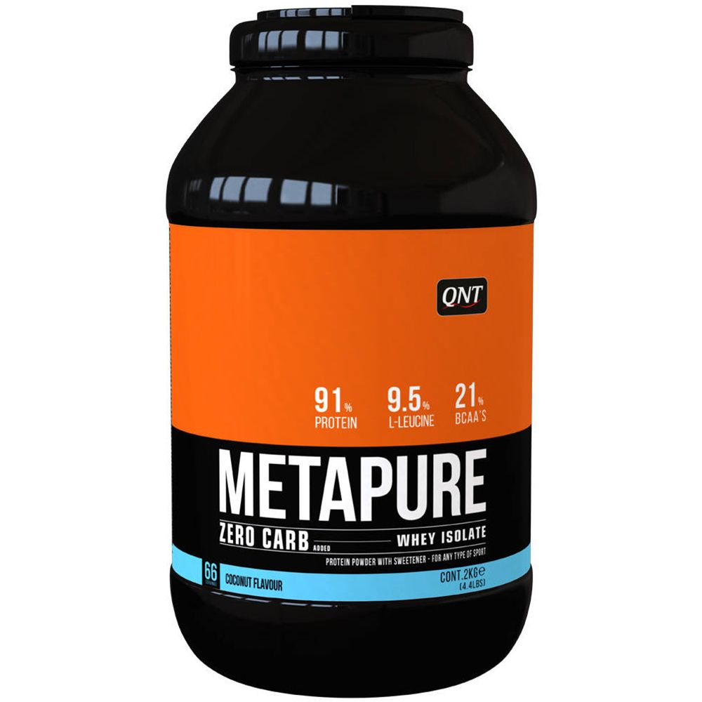 Barattolo nero con etichetta arancione. Scritta: Metapure Zero Carb, Whey Isolate, gusto cocco.