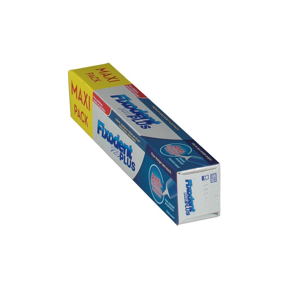 Scatola Fixodent Pro Plus, in diagonale. Colori giallo e blu. Nome del prodotto e scritte ben visibili.