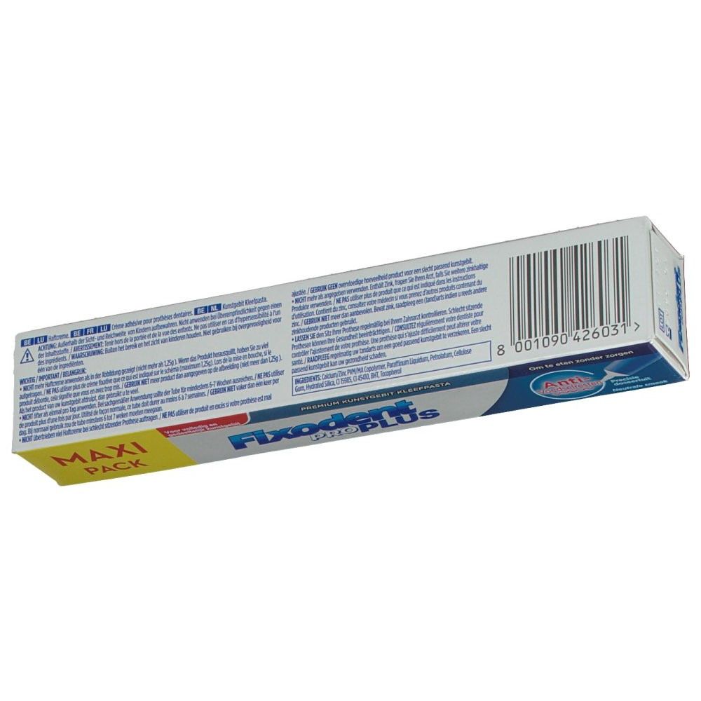 Retro della confezione Fixodent Pro Plus. Testo e codice a barre. Colori giallo e blu.