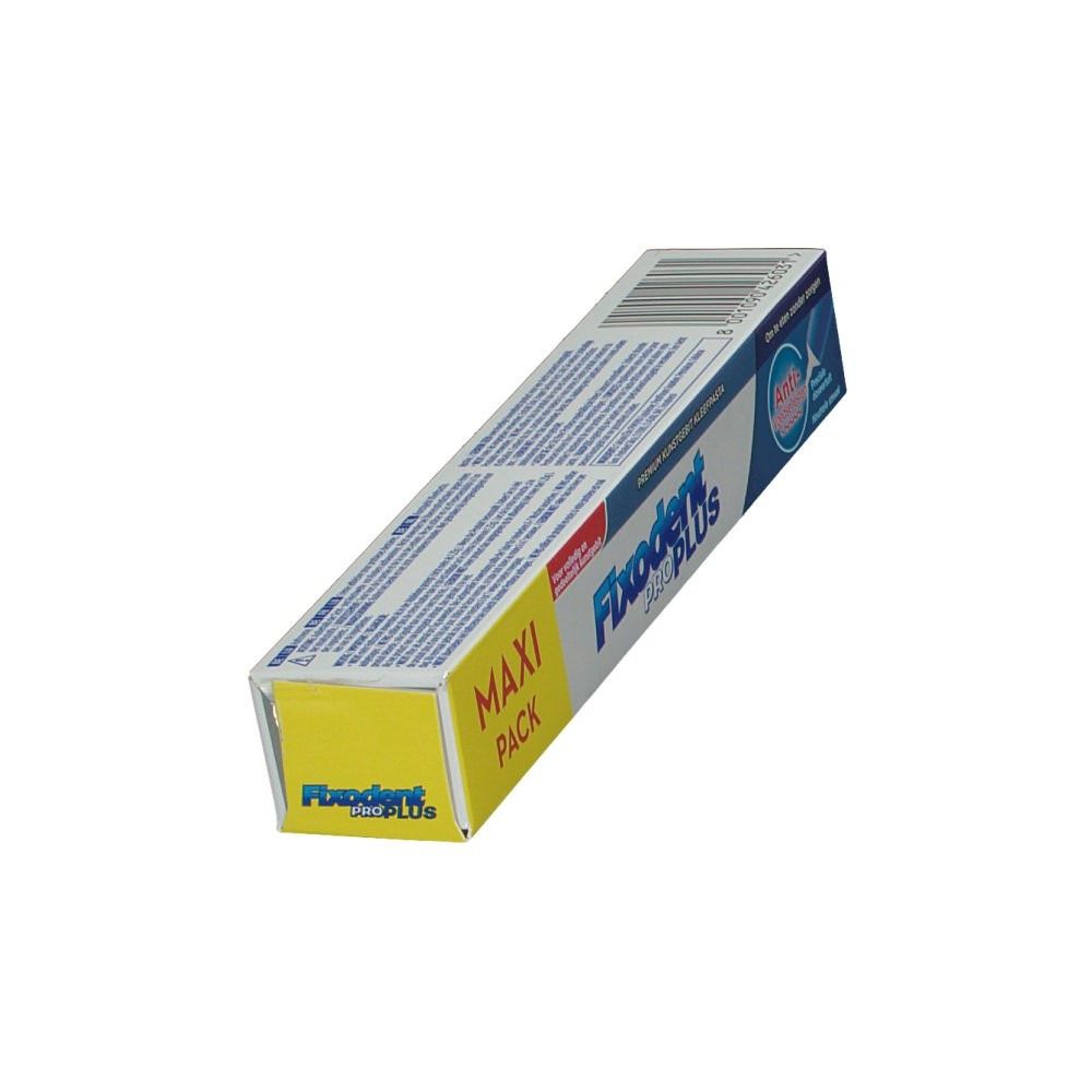 Scatola Fixodent Pro Plus, in diagonale. Colori giallo e blu. Nome del prodotto e scritte.