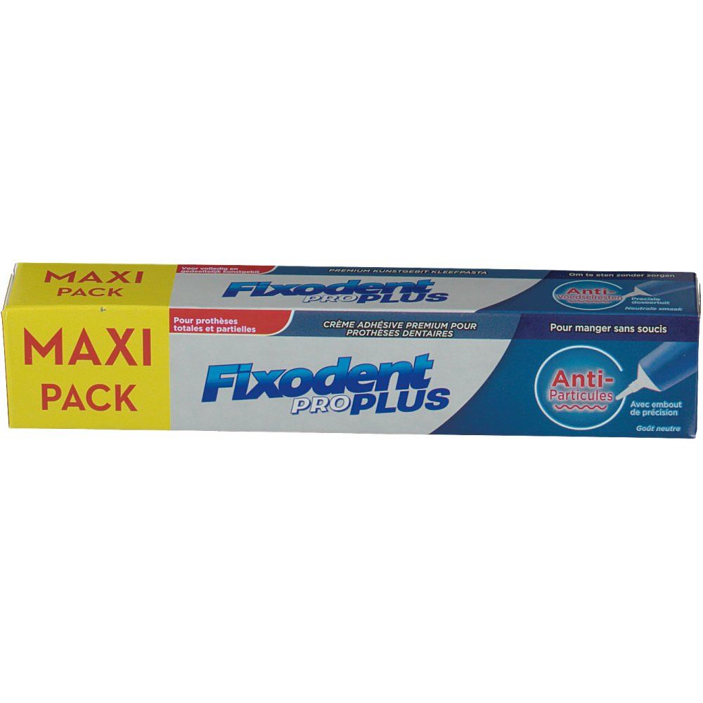 Confezione Fixodent Pro Plus. Scatola gialla e blu con nome del prodotto e scritte. "Maxi Pack" sul lato.