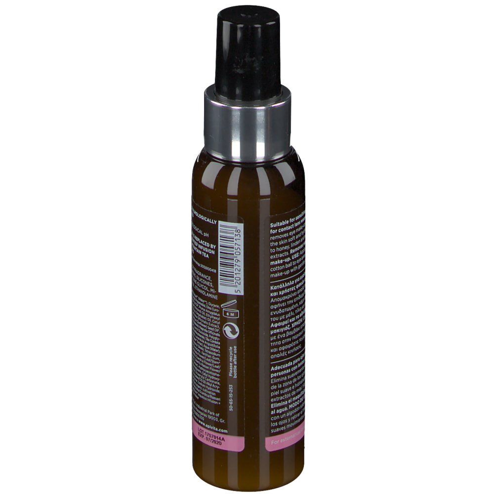 Retro del flacone marrone. Testo e codice a barre. Marchio: Apivita. Etichetta rosa in basso.