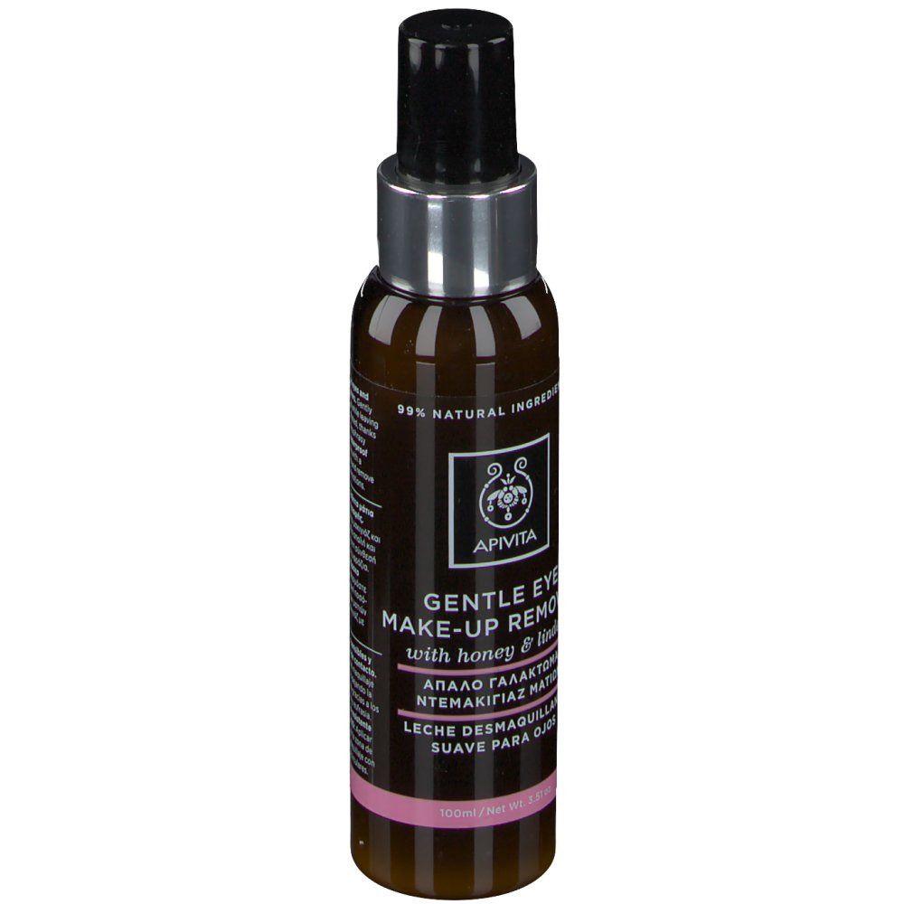 Flacone marrone con erogatore nero. Scritta: Gentle Eye Make-up Remover. Marchio: Apivita. Etichetta rosa.