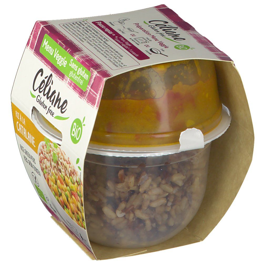 Céliane Menu Veggie, piatto di riso in confezione. Due contenitori, riso e salsa. Senza glutine, marchio bio.