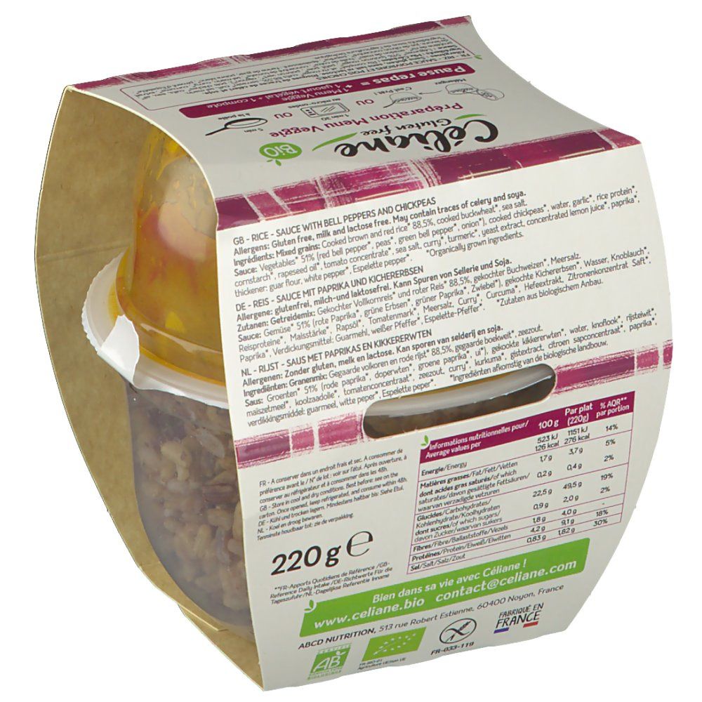 Retro della confezione Céliane Menu Veggie. Elenco ingredienti, informazioni nutrizionali, marchio bio. 220g. Senza glutine.