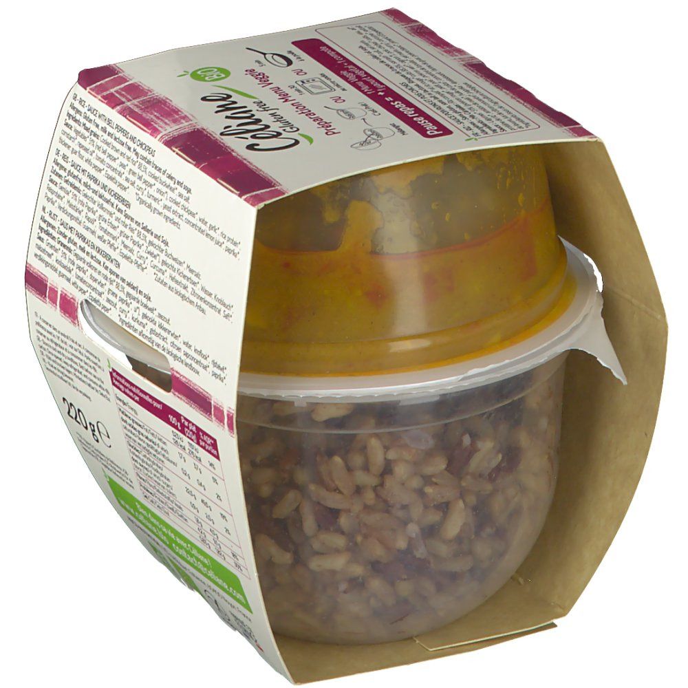 Retro della confezione Céliane Menu Veggie. Elenco ingredienti, informazioni nutrizionali, marchio bio. 220g. Senza glutine.