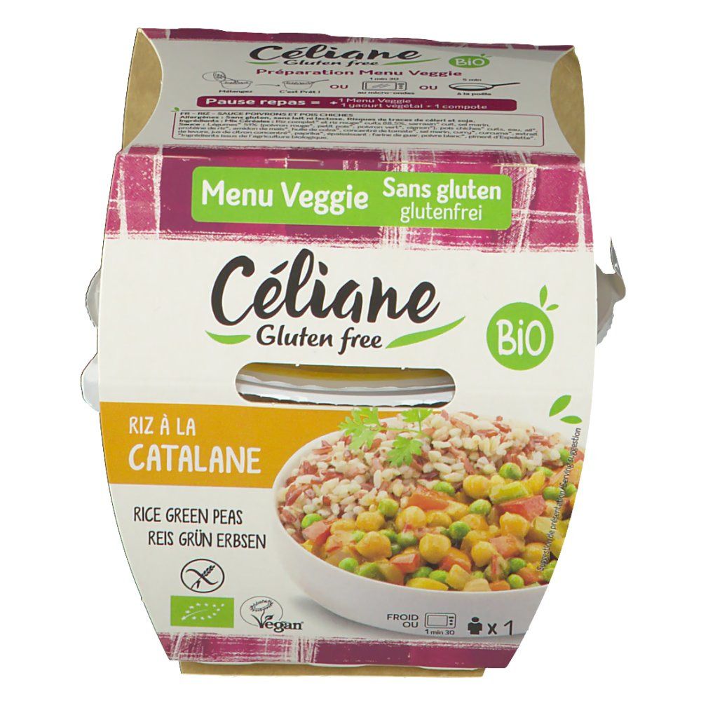 Céliane Menu Veggie, piatto di riso in confezione. Senza glutine, marchio bio. Immagine del piatto pronto.
