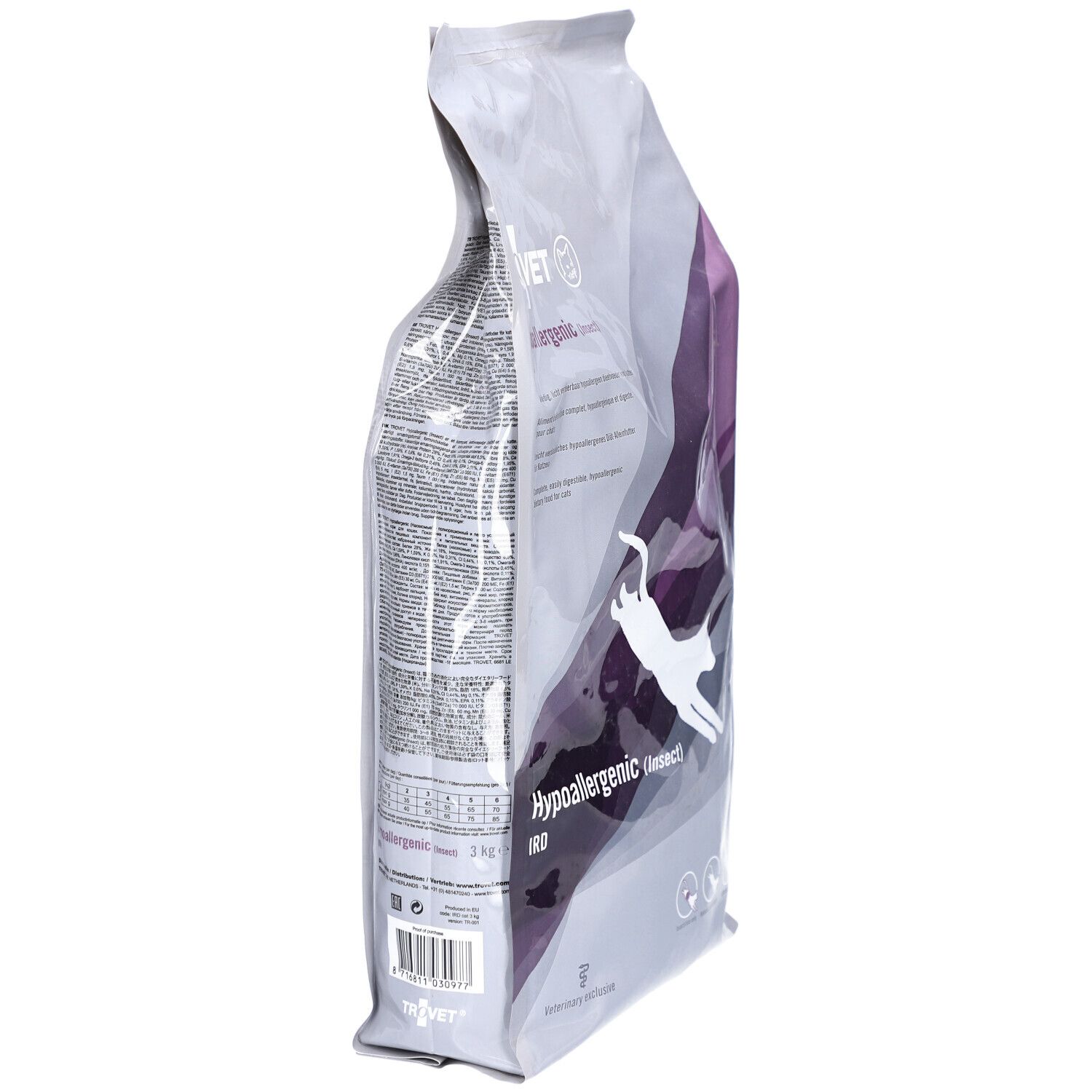 Vista laterale di un sacchetto di cibo per gatti. Scritta: TROVET Hypoallergenic IRD (insetto).
