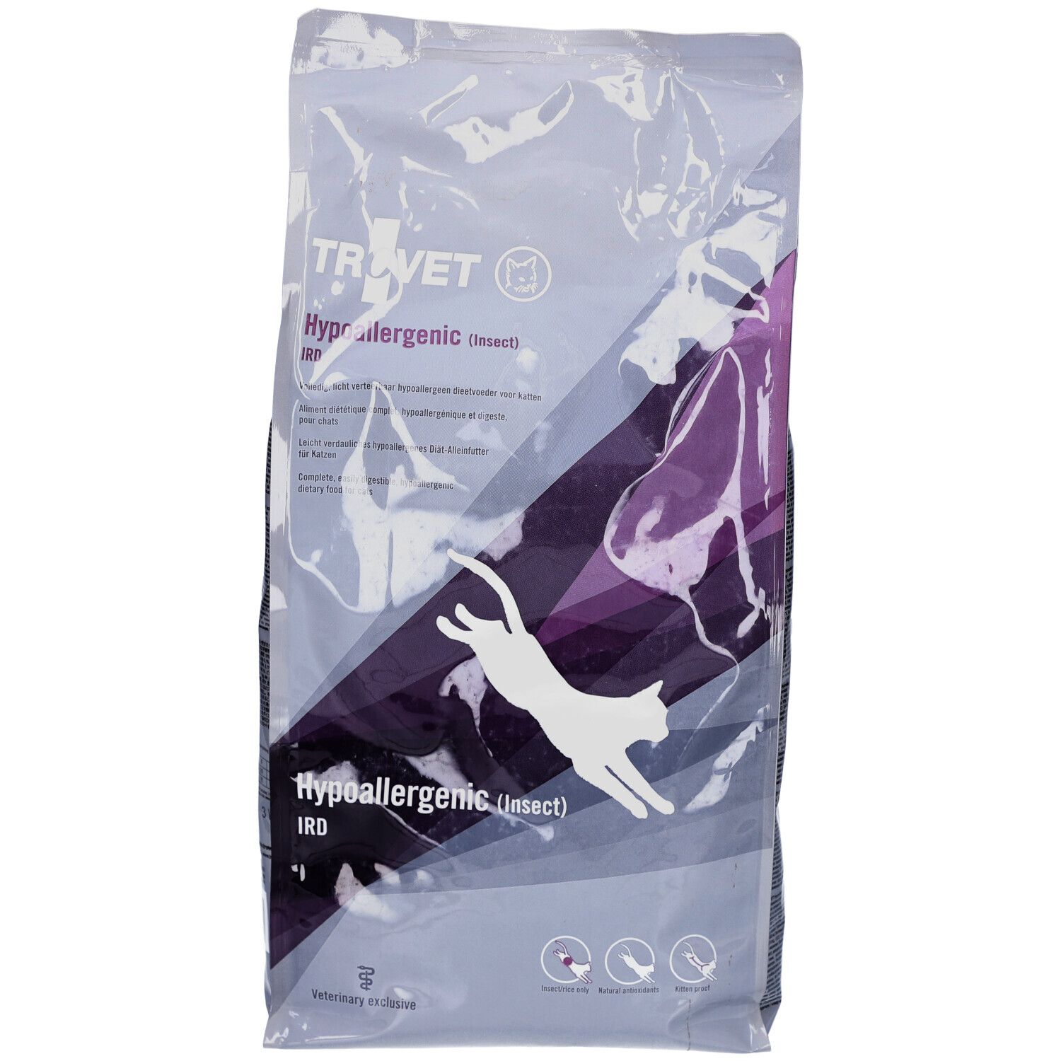 Sacchetto di cibo per gatti. Scritta: TROVET Hypoallergenic IRD (insetto). Immagine di un gatto che salta.