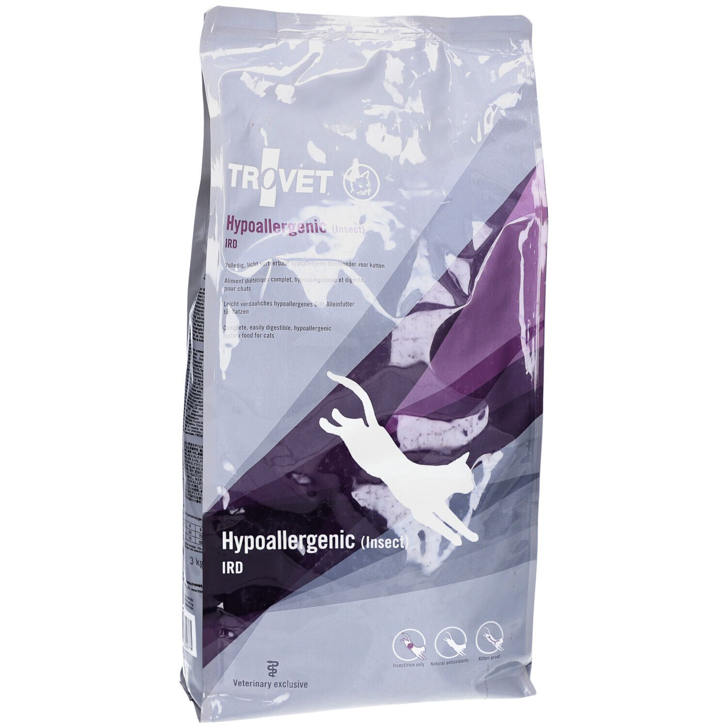 Sacchetto di cibo per gatti. Scritta: TROVET Hypoallergenic IRD. Immagine di un gatto che salta.