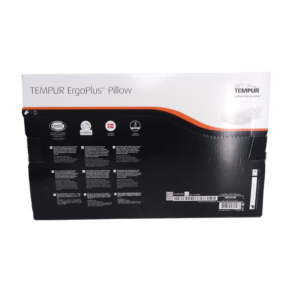 Retro della confezione. Scritta: TEMPUR ErgoPlus Pillow. Loghi e testo.