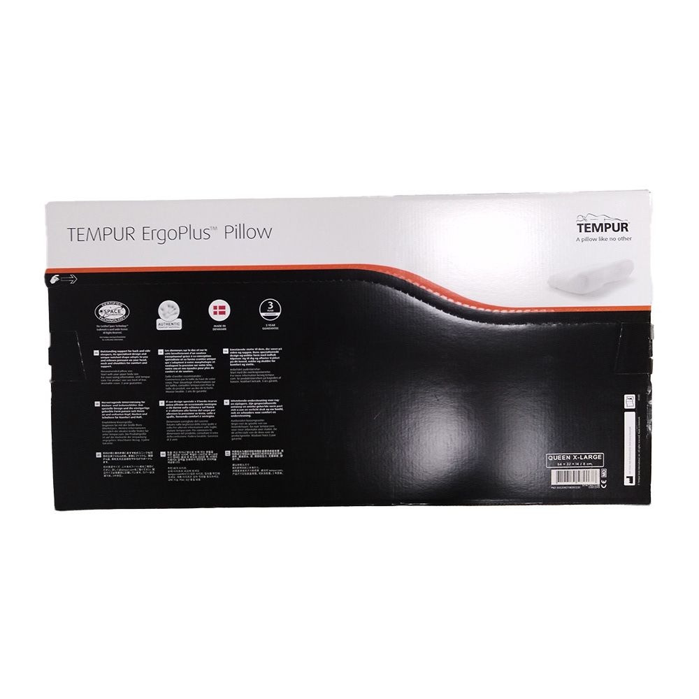 Retro della confezione del cuscino. Testo e loghi visibili.