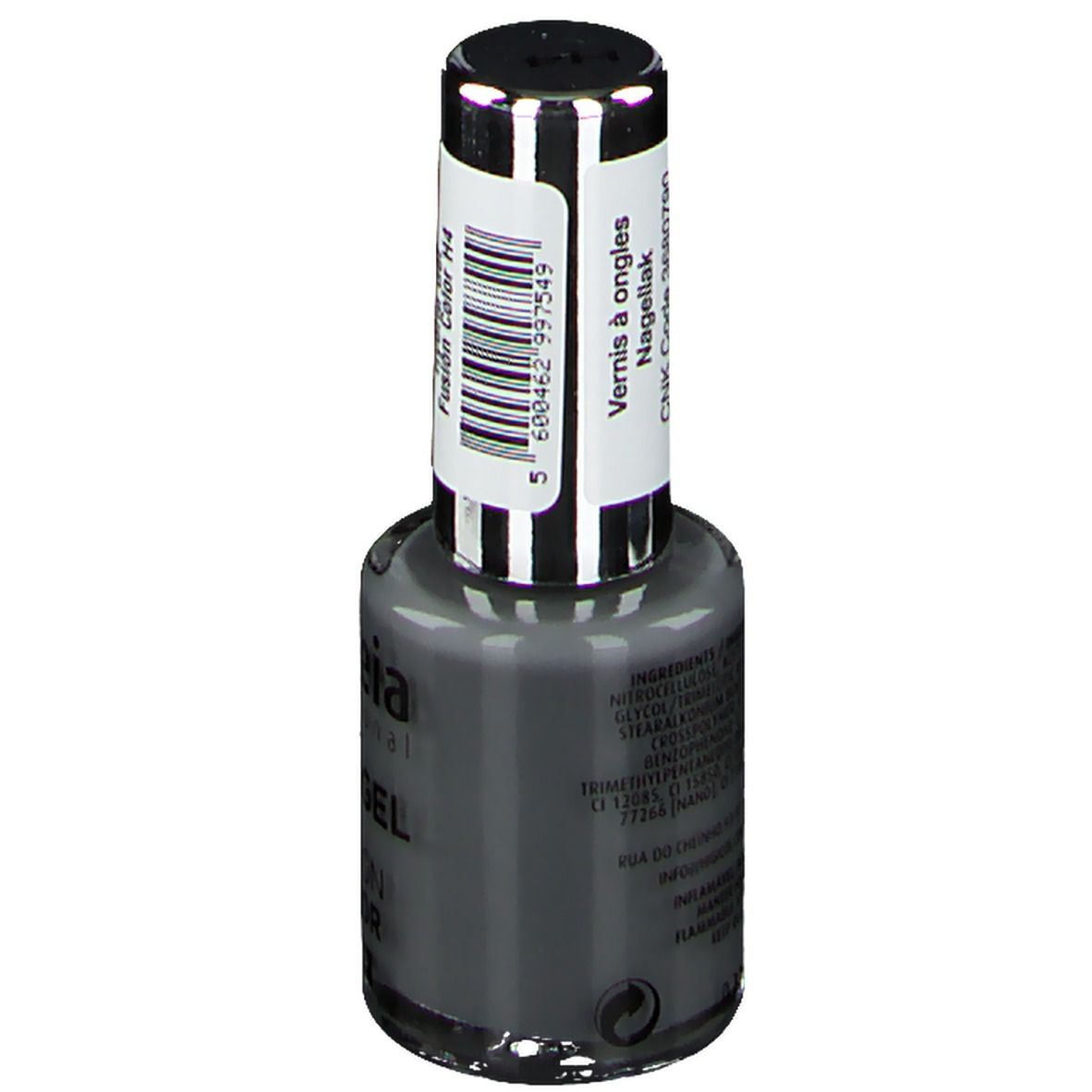 Flacone di smalto Andreia Hybridgel grigio. Scritta: Hybridgel Fusion Color H4. Ingredienti sul retro.