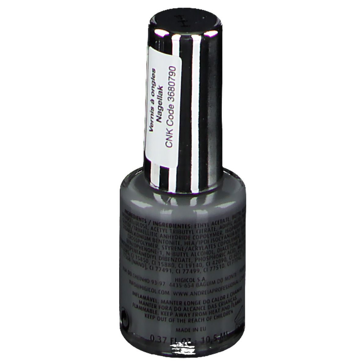 Flacone di smalto Andreia Hybridgel grigio. Testo sul retro e codice CNK 3680790. Tappo argentato.