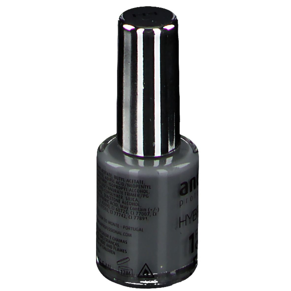 Flacone di smalto Andreia Hybridgel grigio. Ingredienti e testo sul retro. Tappo argentato.