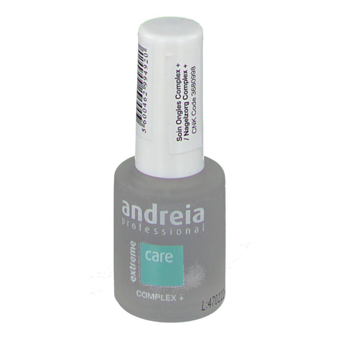 Flacone per unghie con tappo bianco e codice a barre. Scritta: Andreia Professional, care, Complex+.