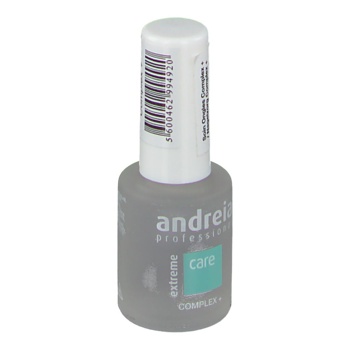 Flacone per unghie con tappo bianco e codice a barre. Scritta: Andreia Professional, care, Complex+.