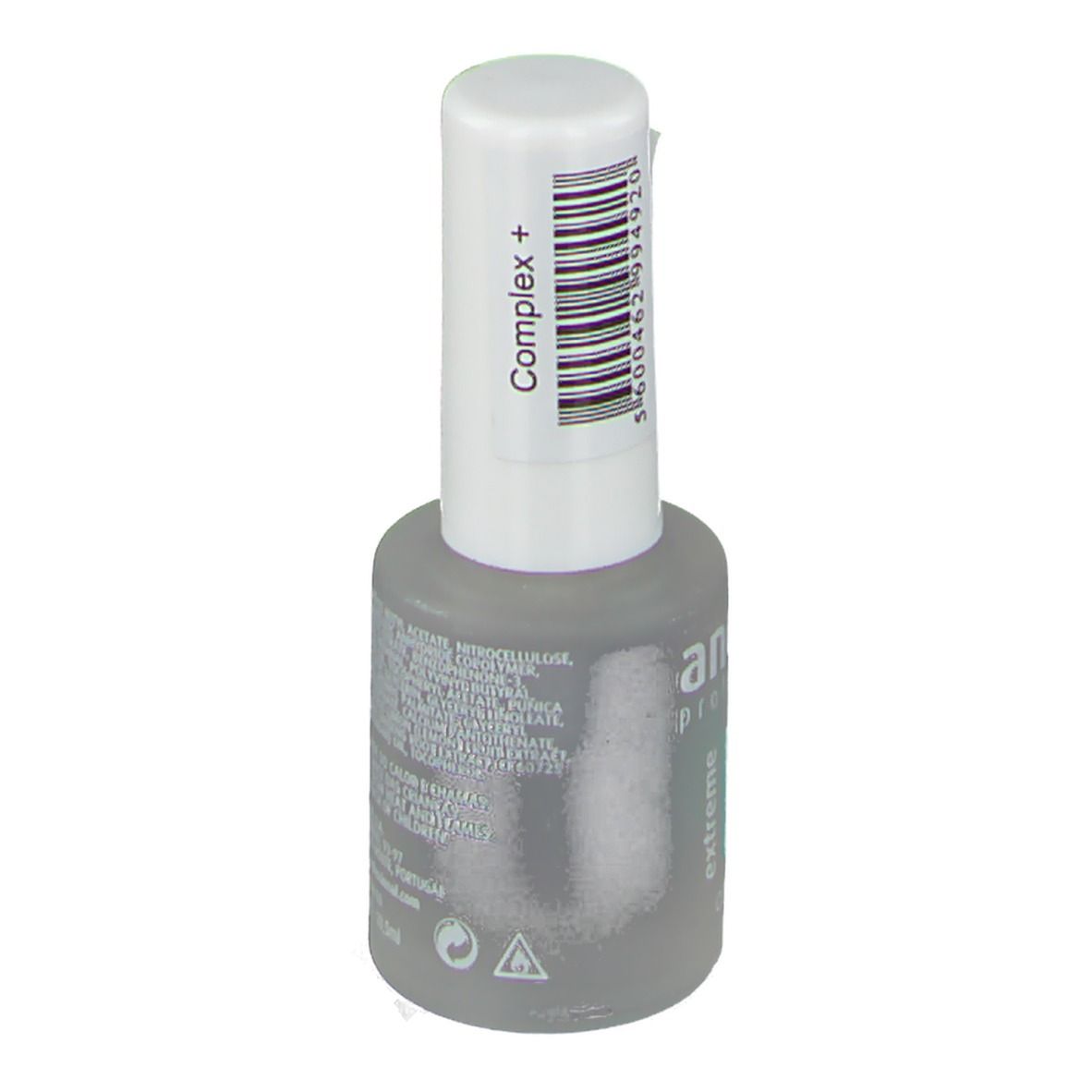 Flacone per unghie con tappo bianco e codice a barre. Scritta: Andreia Professional, extreme, Complex+.