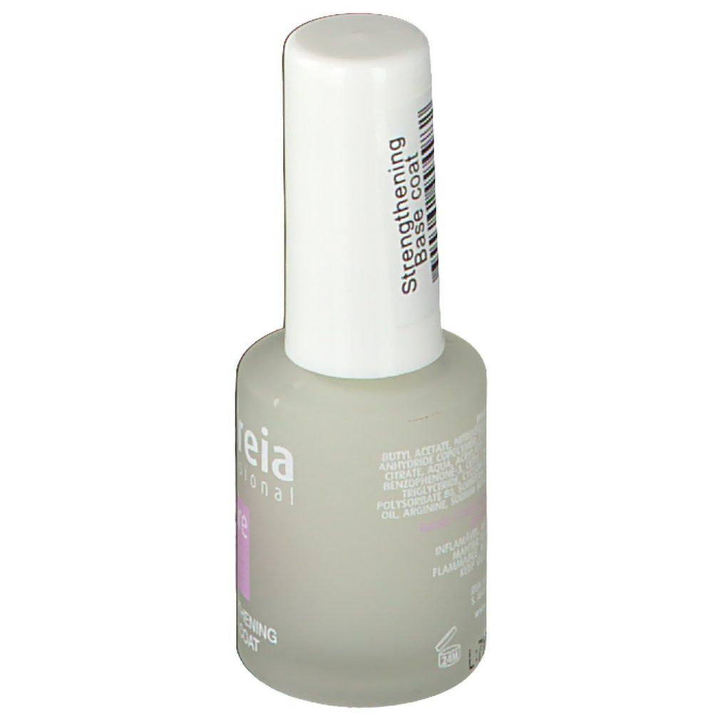 Flacone Andreia Professional Base Coat. Retro con ingredienti e testo. Tappo bianco con codice a barre e testo: Strengthening Base coat.