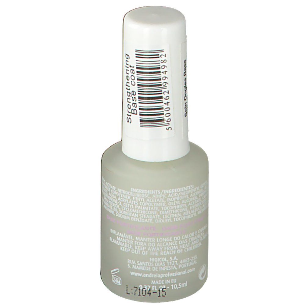 Flacone Andreia Professional Base Coat. Retro con ingredienti e testo. Tappo bianco con codice a barre e testo. 10,5 ml.