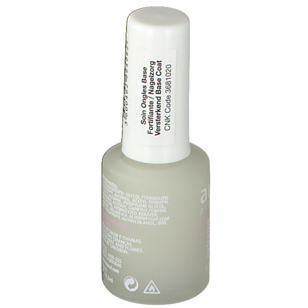 Flacone Andreia Professional Base Coat. Tappo bianco con testo: Soin Ongles Base, CNK Code 3681020. Flacone grigio con ingredienti.