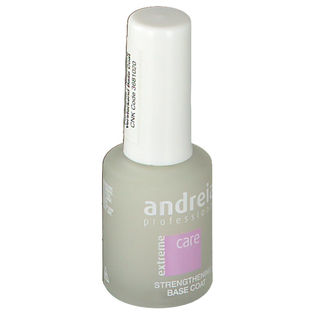 Flacone Andreia Professional Base Coat. Tappo bianco, flacone grigio con etichetta rosa. Testo: extreme care, Strengthening Base Coat.