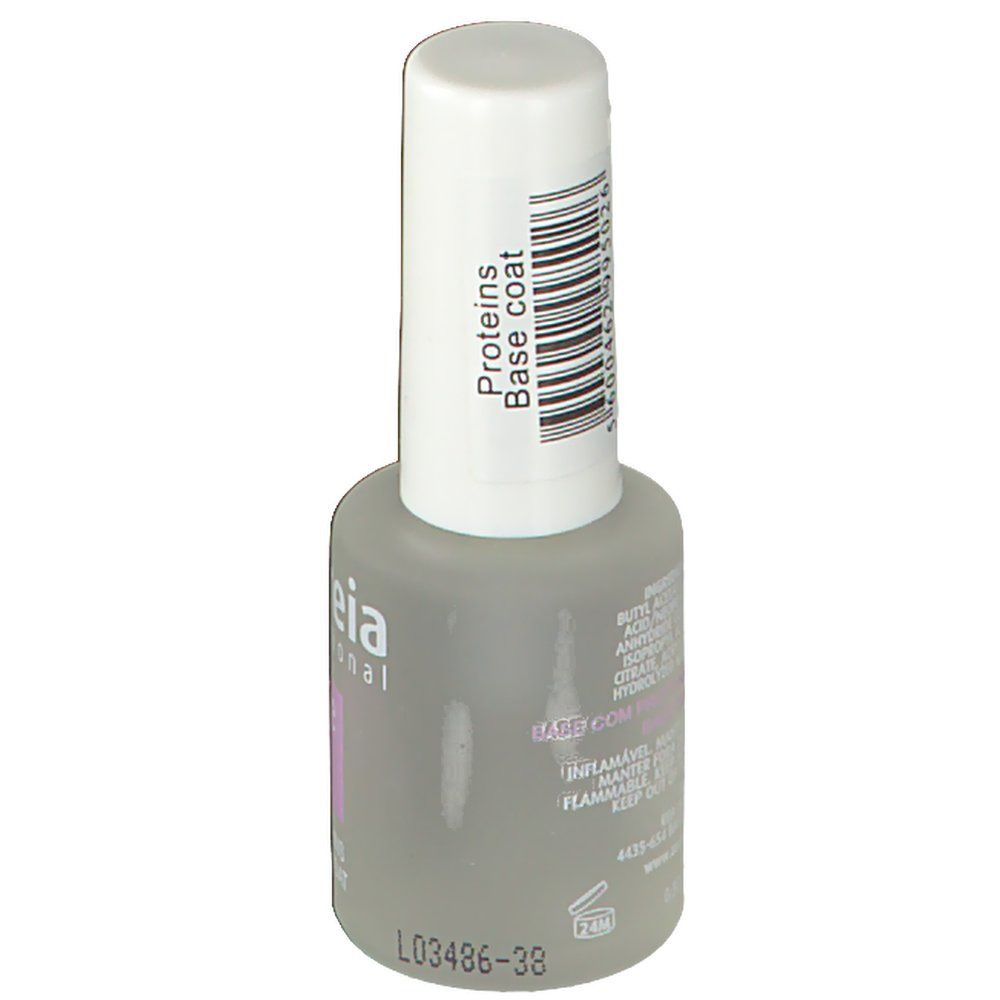 Flacone di smalto con tappo bianco. Scritta: Proteine Base coat. Codice a barre. Ingredienti sul retro.