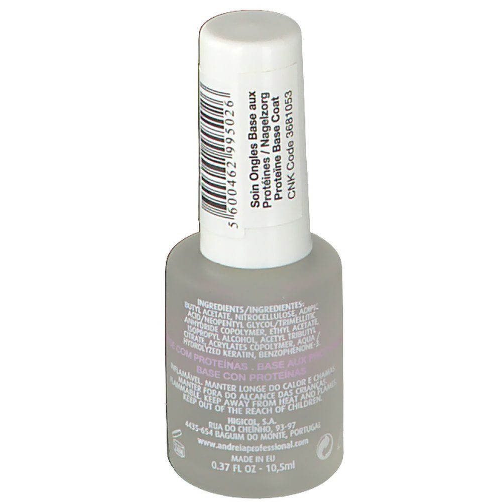 Flacone di smalto con tappo bianco. Scritta: Soin Ongles Base aux Protéines. Ingredienti e avvertenze.
