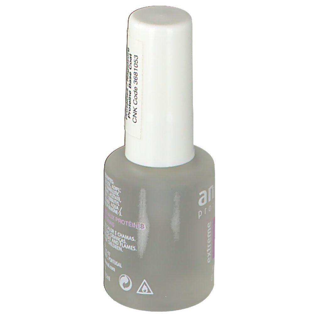 Flacone di smalto con tappo bianco. Scritta: Proteine Base aux Protéines. Avvertenze e CNK Code.