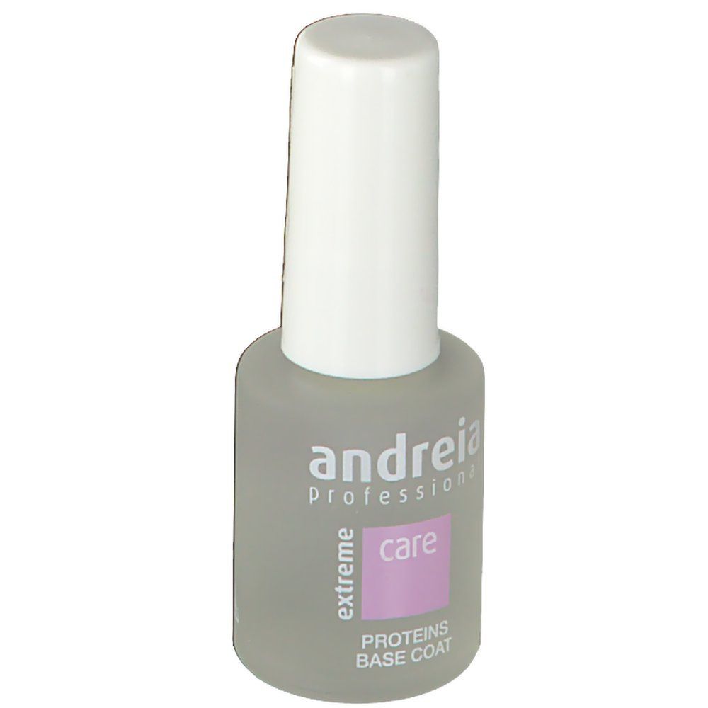 Flacone di smalto trasparente con tappo bianco. Scritta: Andreia Professional, care, Proteine Base Coat.