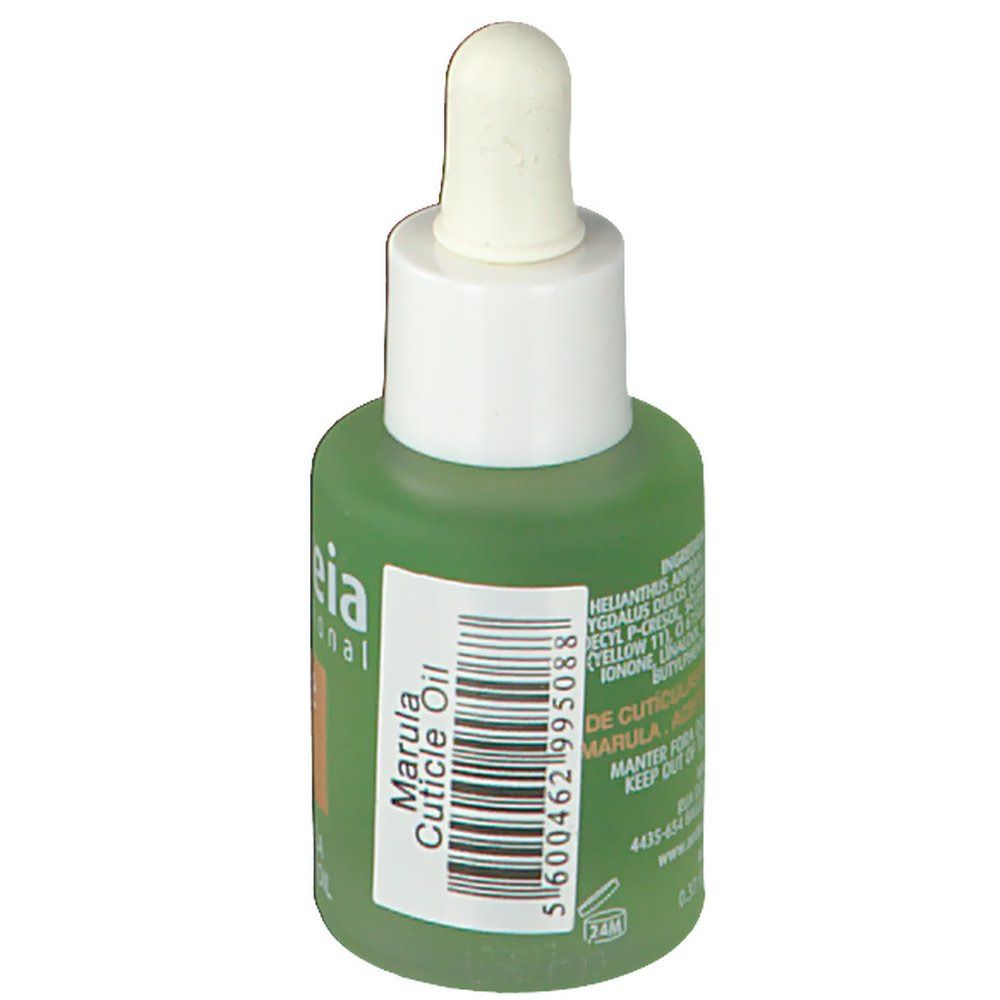 Flacone verde con contagocce bianco. Scritta: Marula Cuticle Oil. Retro con ingredienti e codice a barre.