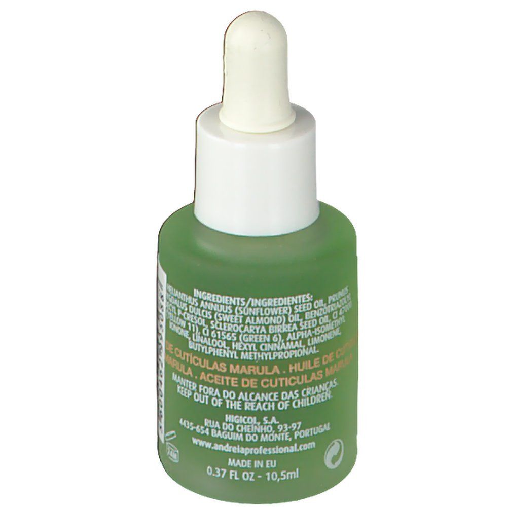 Flacone verde con contagocce bianco. Retro con ingredienti, indirizzo e indicazione del volume: 0.37 FL OZ - 10,5ml.