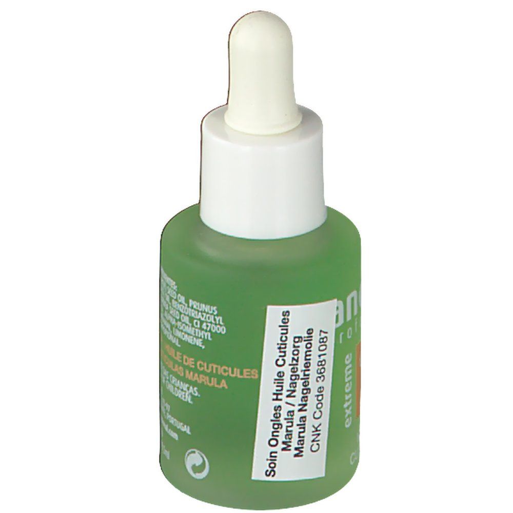 Flacone verde con contagocce bianco. Adesivo con testo: Soin Ongles Huile Cuticules Marula, CNK Code 3681087.