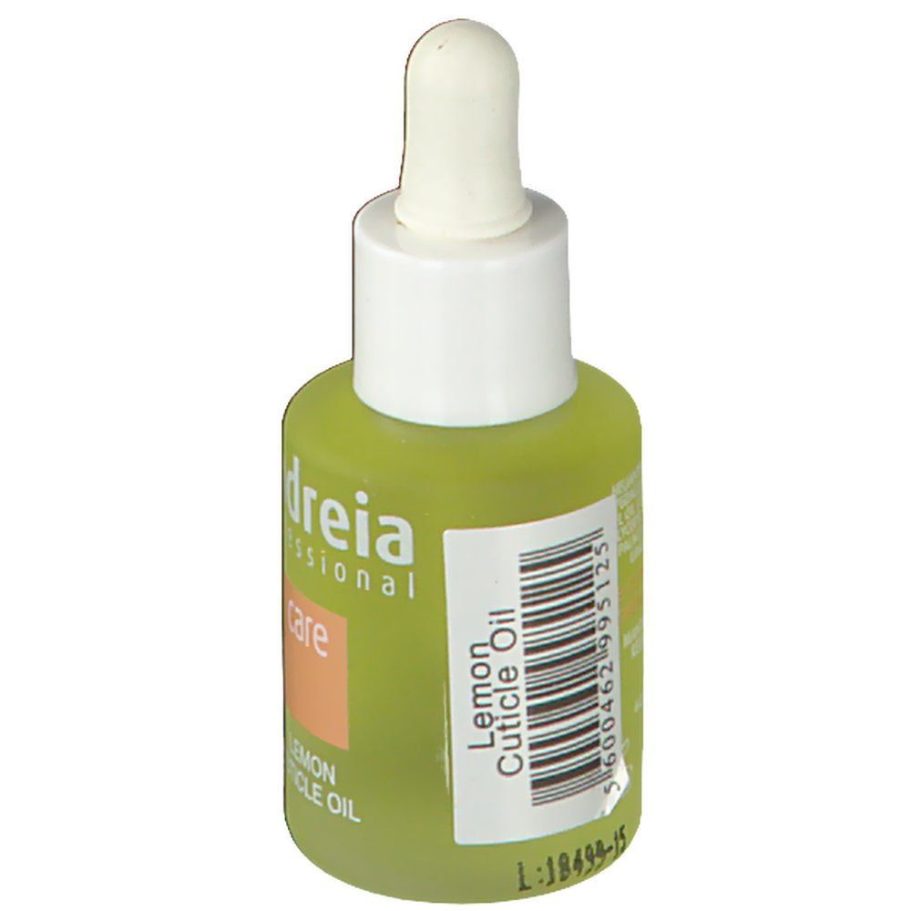 Flacone verde con tappo bianco e pipetta. Scritta: Lemon Cuticle Oil. Codice a barre.
